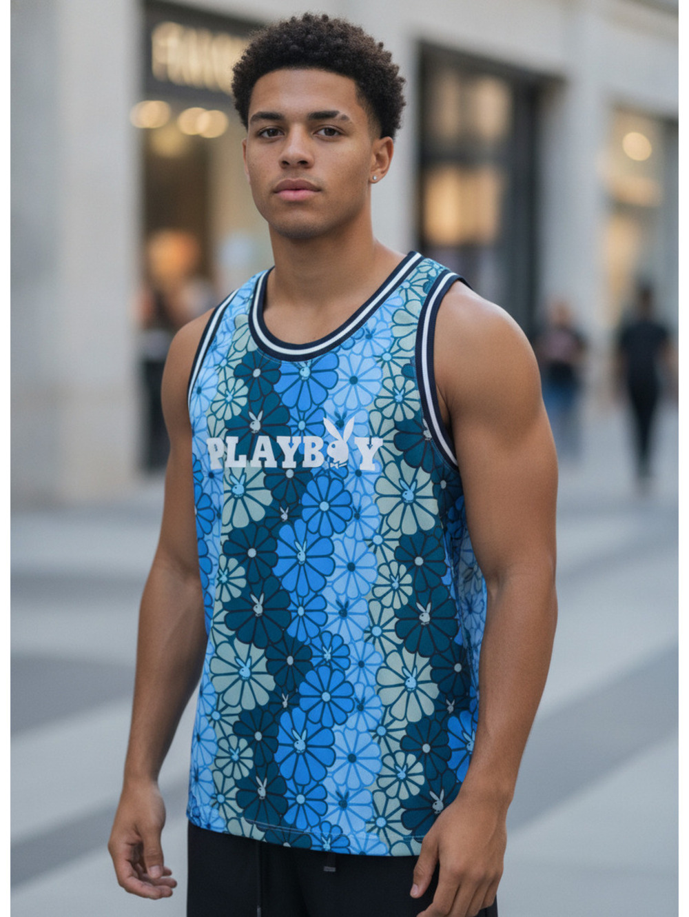 Blue Floral Print Playboy Men's Tank Top, Very Good Condition